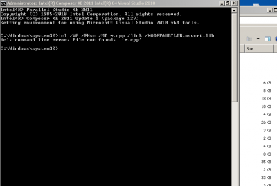 Intel 64 Visual Studio command prompt can't find *.cpp files